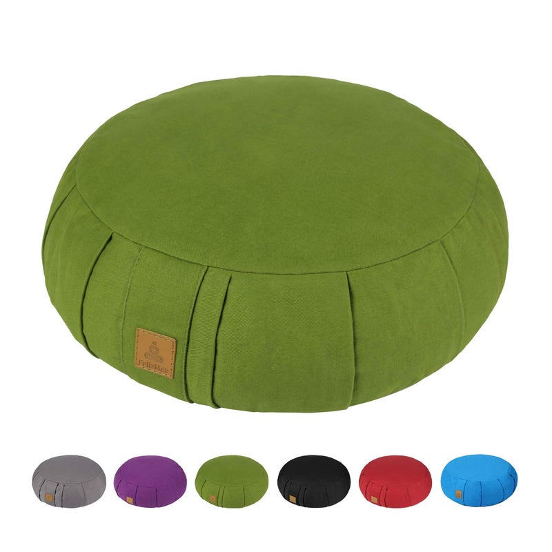 FelizMax Round Buckwheat Meditation Cushion, D=38cm H=14cm Zafu/Zabuton Meditation Pillow, Yoga Bolster, Floor Pouf, Zippered Organic Cotton Cover, Machine Washable, Crescent Yoga Pillow Large-Green - Image 1